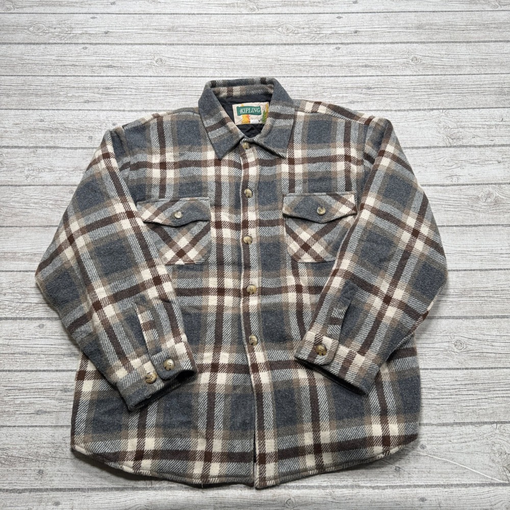 Kipling Flannel Shirt Jacket Men's 2XL Gray Brown Plaid Quilted Lined Workwear